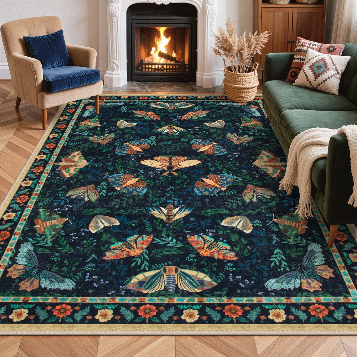 Covaba vintage botanical insect area rug in stormy blue, styled in a room setting