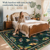 Covaba vintage botanical insect area rug in fern green, styled in a room setting, view 10
