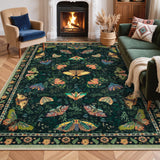 Covaba vintage botanical insect area rug in fern green, styled in a room setting, view 2