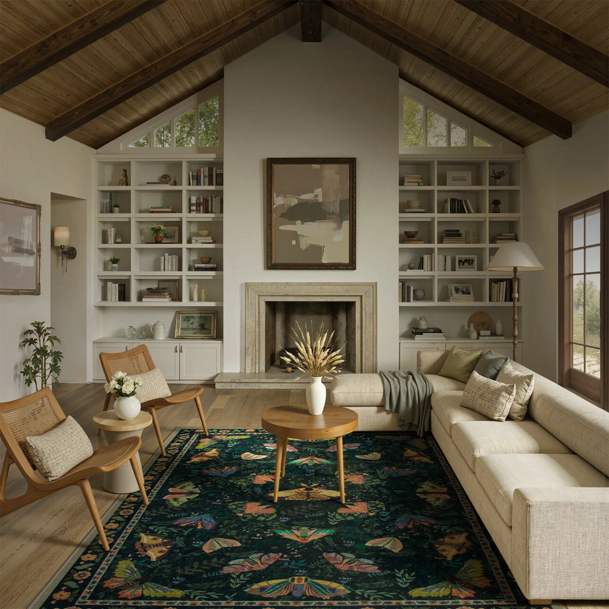 Covaba vintage botanical insect area rug in fern green, styled in a room setting