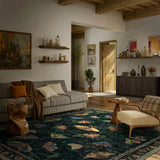 Covaba vintage botanical insect area rug in fern green, styled in a room setting, view 4