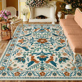 Covaba boho birdsong floral garden area rug in warm beige, styled in a room setting, view 4