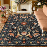 Covaba boho birdsong floral garden area rug in ink black, styled in a room setting, view 4