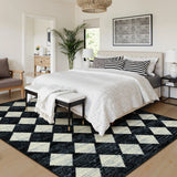 Covaba modern geometric diamond checkered area rug in ink black, styled in a room setting, view 4