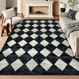 Covaba modern geometric diamond checkered area rug in ink black, styled in a room setting