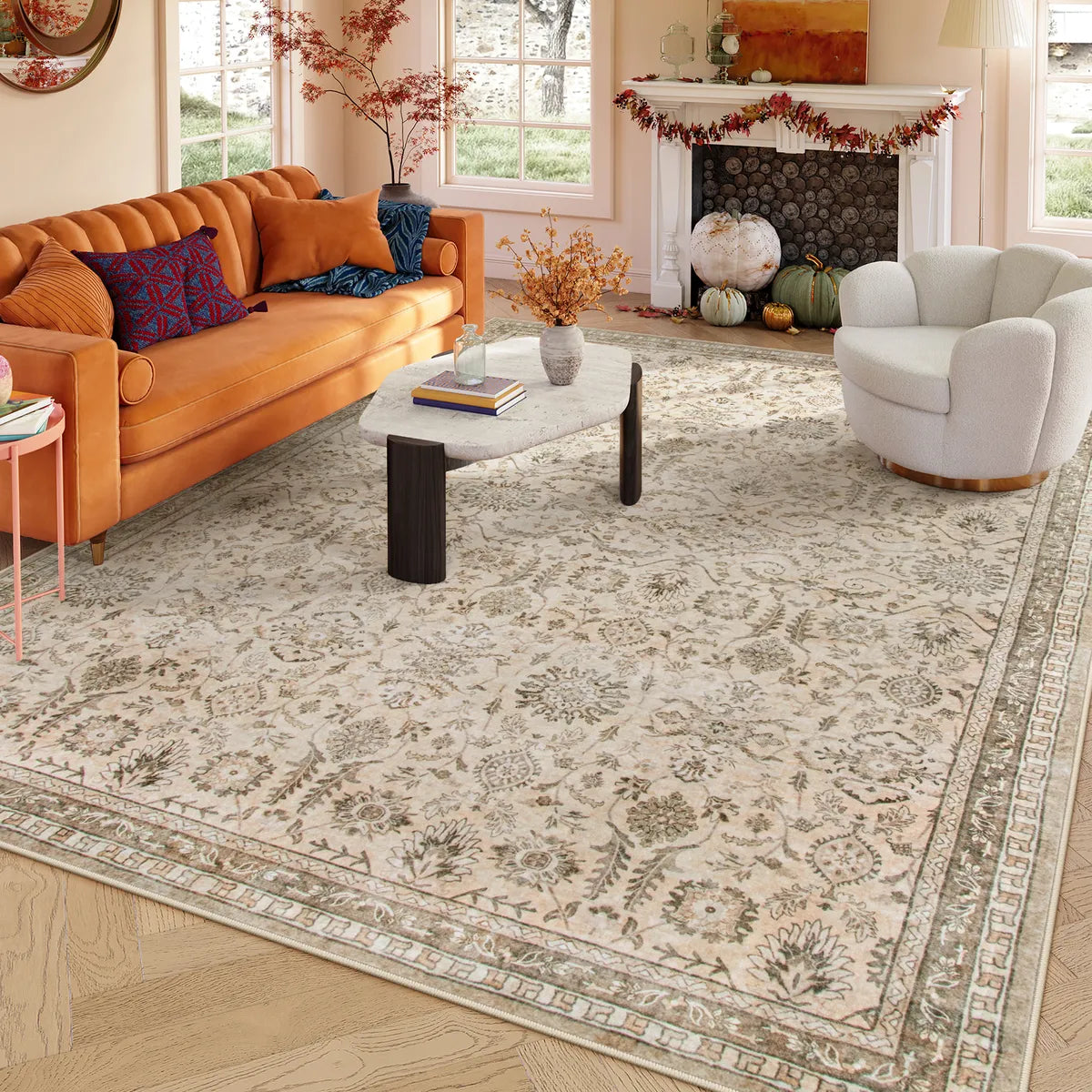 Covaba vintage persian area rug in serene ivory, styled in a room setting