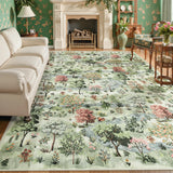 Covaba forest woodland area rug in sage mist, styled in a room setting, view 2