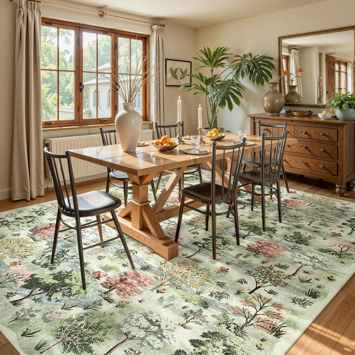Covaba forest woodland area rug in sage mist, styled in a room setting