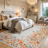 Covaba modern blooming floral garden area rug in golden wheat, styled in a room setting, view 7