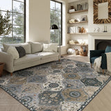 Covaba ultra-thin vintage floral moroccan trellis area rug in pearl grey, styled in a room setting, view 12