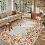 Covaba modern blooming floral garden area rug in golden wheat, styled in a room setting, view 9