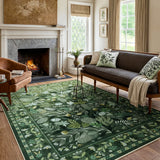 Covaba modern botanical floral area rug in fern green, styled in a room setting, view 5