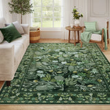 Covaba modern botanical floral area rug in fern green, styled in a room setting, view 2
