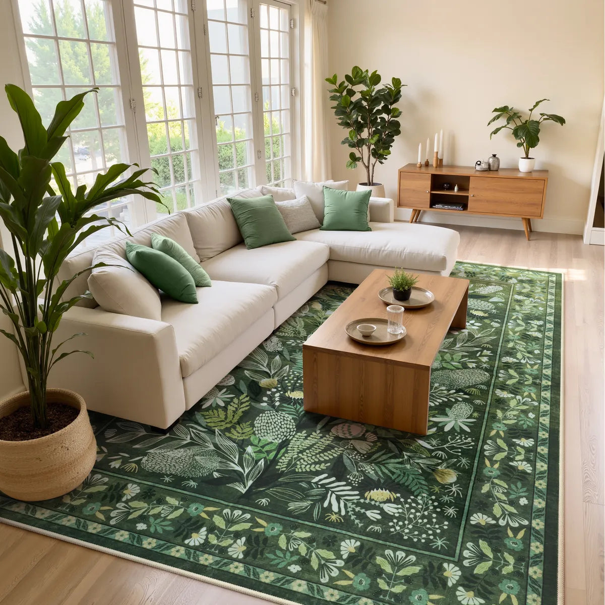 Covaba modern botanical floral area rug in fern green, styled in a room setting