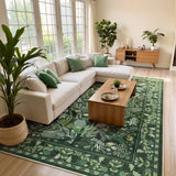 Covaba modern botanical floral area rug in fern green, styled in a room setting