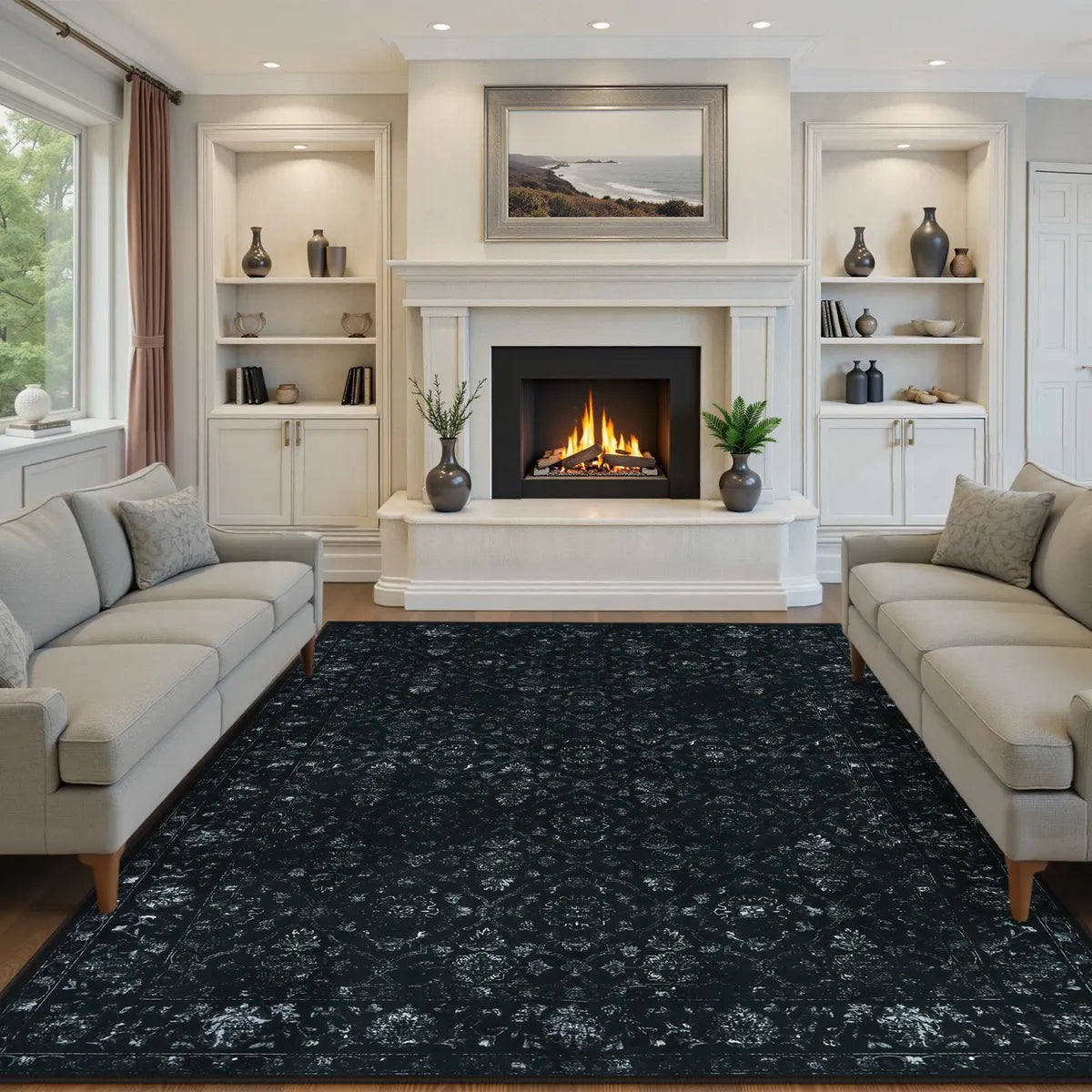 Covaba vintage persian distressed area rug in ink black, styled in a room setting