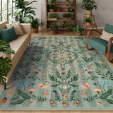 Covaba boho insect botanical floral area rug in fern green, styled in a room setting