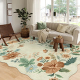 Covaba boho modern parisian floral scalloped area rug in warm beige, styled in a room setting, view 6