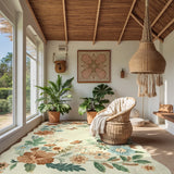Covaba boho modern parisian floral scalloped area rug in warm beige, styled in a room setting, view 7