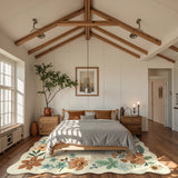 Covaba boho modern parisian floral scalloped area rug in warm beige, styled in a room setting, view 8