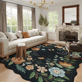Covaba boho modern parisian floral scalloped area rug in ink black, styled in a room setting, view 3