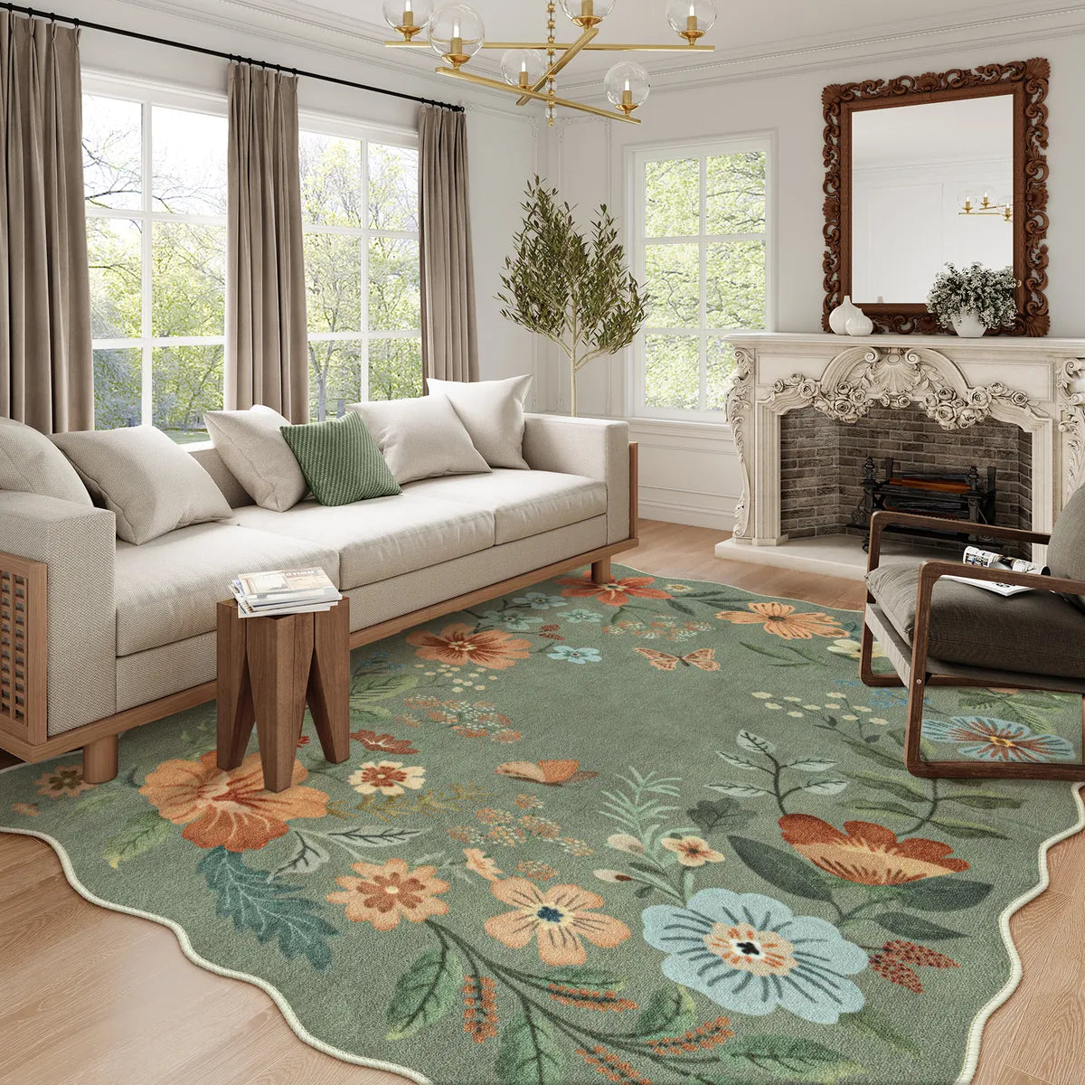 Covaba boho modern parisian floral scalloped area rug in fern green, styled in a room setting