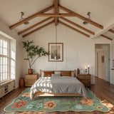 Covaba boho modern parisian floral scalloped area rug in fern green, styled in a room setting, view 2