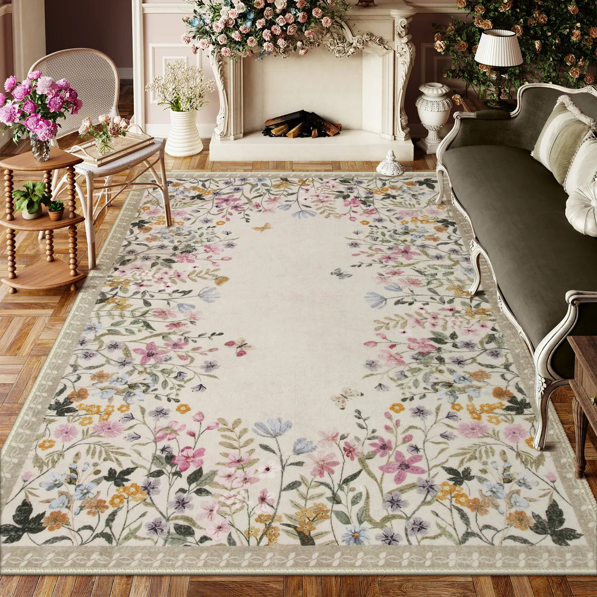 Covaba modern blooming floral garden area rug in warm beige, styled in a room setting