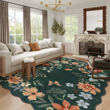 Covaba boho modern parisian floral scalloped area rug in forest fern, styled in a room setting, view 7