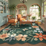 Covaba boho modern parisian floral scalloped area rug in forest fern, styled in a room setting, view 6