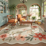 Covaba boho modern parisian floral scalloped area rug in coffee brown, styled in a room setting, view 5