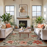 Covaba boho modern parisian floral scalloped area rug in coffee brown, styled in a room setting, view 7