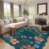 Covaba boho modern parisian floral scalloped area rug in deep navy, styled in a room setting, view 6
