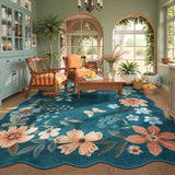 Covaba boho modern parisian floral scalloped area rug in deep navy, styled in a room setting, view 7