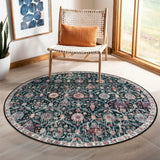 Covaba ultra-thin vintage floral moroccan trellis round rug in ink black, styled in a room setting, view 4