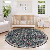 Covaba ultra-thin vintage floral moroccan trellis round rug in ink black, styled in a room setting, view 3