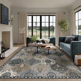 Covaba ultra-thin vintage floral moroccan trellis area rug in pearl grey, styled in a room setting, view 7