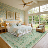 Covaba vintage floral area rug in sage mist, styled in a room setting, view 7