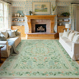 Covaba vintage floral area rug in sage mist, styled in a room setting, view 9