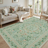 Covaba vintage floral area rug in sage mist, styled in a room setting, view 13