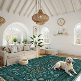 Covaba vintage floral area rug in deep green, styled in a room setting, view 12
