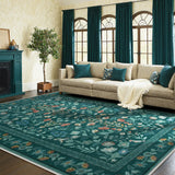 Covaba vintage floral area rug in deep green, styled in a room setting, view 14