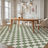 Covaba modern checkerboard area rug in olive grove, styled in a room setting, view 20