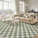 Covaba modern checkerboard area rug in olive grove, styled in a room setting, view 18