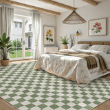 Covaba modern checkerboard area rug in olive grove, styled in a room setting, view 21