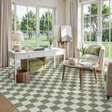Covaba modern checkerboard area rug in olive grove, styled in a room setting, view 19