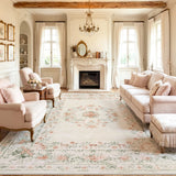Covaba vintage traditional floral area rug in warm beige, styled in a room setting, view 6