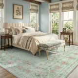 Covaba vintage traditional floral area rug in fern green, styled in a room setting, view 8