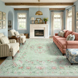 Covaba vintage traditional floral area rug in fern green, styled in a room setting, view 6