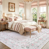 Covaba vintage traditional floral area rug in blush clay, styled in a room setting, view 15